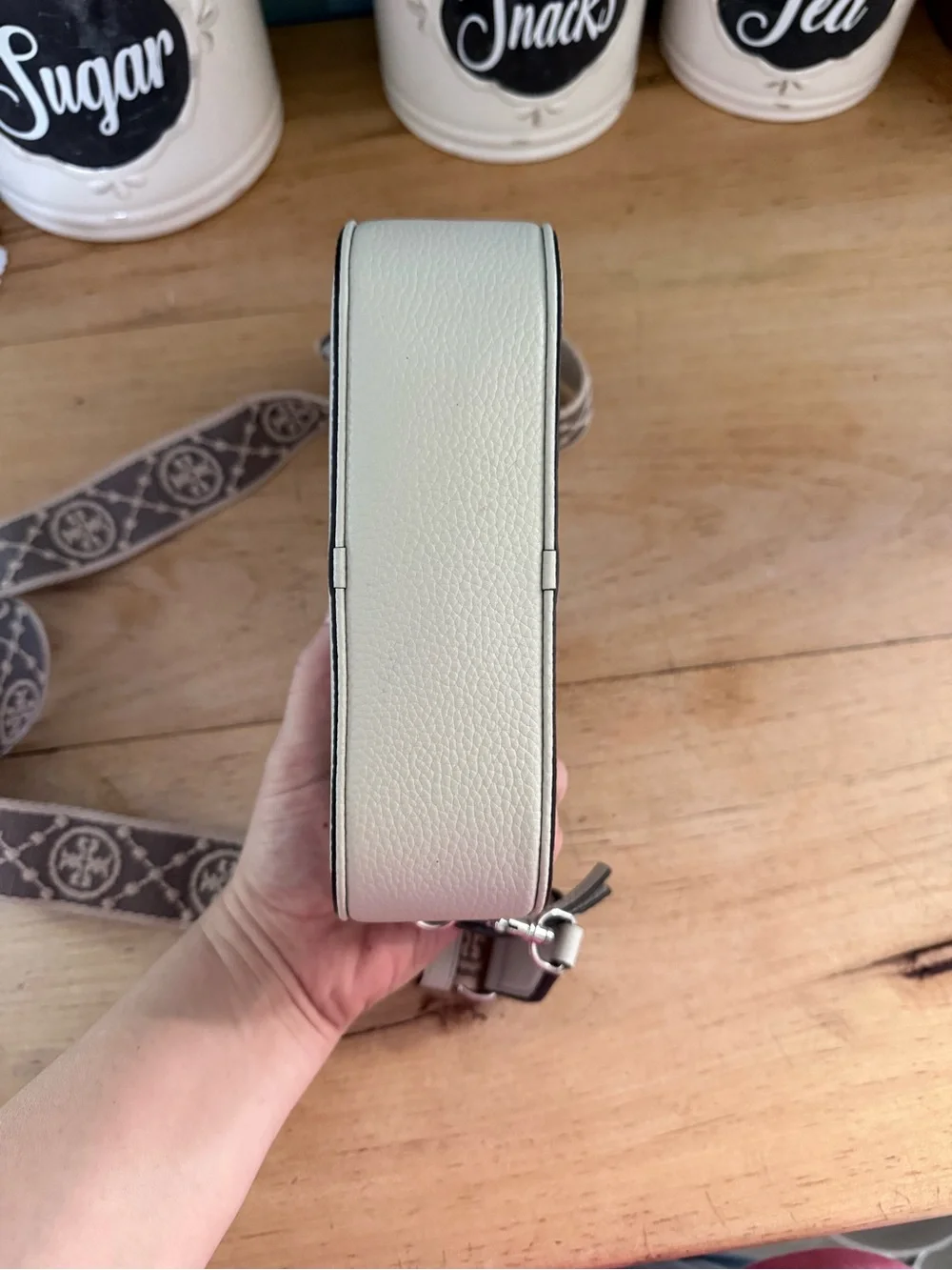 Tory Burch Pebbled Light Gray Leather Camera Crossbody with Patterned Logo Strap